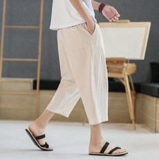 男士夏季棉麻休閒七分褲, 1個, 卡其4XL建議165斤-180斤