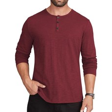 Hardaddy 남성용 헨리 긴소매 셔츠 면 3버튼 플래킷 캐주얼 크루넥 티셔츠 와인 레드 XL