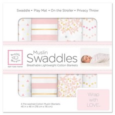 SwaddleDesigns 면 모슬린 포대기 담요 4개 세트 남아 및 여아용 속싸개 담요 최고의 샤워 선물 116.8 x 116.8cm(46 x 46인치) 핑크 플로럴, Pink Floral