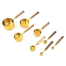 베이킹 케이크 스테인레스 스틸 금도금 계량 도구 아카시아 나무 손잡이 조각 측정 스푼 4 개, 8PCS gold