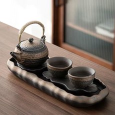 全店精選 粗陶鎏金復古小型功夫茶具幹泡臺 泡茶壺承託盤 家用茶臺, 套餐六：二蓮幹泡盤+提梁壺+錘紋杯2, 1個