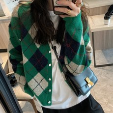 SUMW 女款V領格紋針織開襟外套 W25