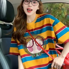 투니스 여성 빈티지 스트라이프 프린팅 루즈핏 반소매 티셔츠