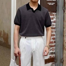 2026男士夏季撞色針織V領Polo衫 短袖修身運動休閒上衣