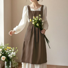 歐美風女圍裙 廚房家用防潑水工作服, 歐式百褶裙-咖色