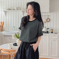 로로텐 스트라이프 오버핏 반팔 티셔츠 라운드넥 여성 빅사이즈