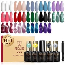ROSALIND 베이스 탑 코트 포함 18피스 젤 네일 폴리쉬 세트 (광택 매트 및 글리터) 14피스 캣아이 젤 폴리쉬 세트 자석 포함 핑크 그린 블루 클래식 색상