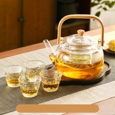 하이라이트용 소형 물끓이는 유리 손잡이, 901ml 이상 1L 이하, 1L, 뱀부우드 1000ml 스드럼머스터드잔 4개