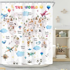 Riyidecor 어린이 세계 지도 욕실 장식용 재미있는 샤워 커튼 너비 152.4cm x 높이 182.9cm 귀여운 동물 만화 교육용 도구 클라우드 지리 대륙 아트 프린트 패