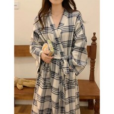 HANLIN HANLIN 홈웨어 여성 체크 프린트 커플 잠옷 샤워 호텔 가운 샤워 가운 파자마 봄 가을 긴팔 잠옷