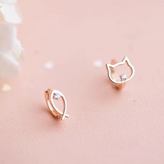 비비드칙 14KGF 원터치 고양이 물고기 지르콘 S925 귀걸이