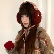 LOOXIAOQING 復古格紋羊羔絨耳罩女 冬季防寒加厚保暖耳套 騎行繫帶耳暖