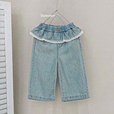 女童拼接花邊屁簾牛仔褲2026新款寶寶褲子韓版甜美時尚百搭闊腿褲