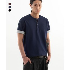 [브렌슨] [건조기 가능] 컴포트 배색 롤업 크롭 헨리넥 반팔티 ( 3Color ), 네이비, XL