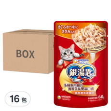 unicharm pet 銀湯匙貓餐包 柔軟易舔, unicharm pet 銀湯匙 貓餐包,鮪魚+鰹魚+雞胸肉, 60g, 1包, 60g, 16包