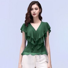 페이준 여성 브이넥 프릴 반팔 블라우스 슬림핏 티 댄스복 YJ2148