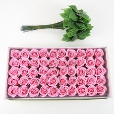 DIY 장미 비누꽃 50송이+잎사귀 꽃대 50개, 1개, 핑크