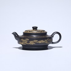 宜興紫砂壺 滿刻描金 手工制作, 1個, 黑色