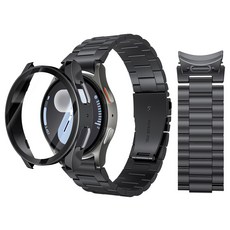 AITEWO 갤럭시워치 호환 프리미엄 메탈 밴드 스트랩 액정보호 풀커버 일체형 케이스 세트 길이조절기 포함, 1개, 블랙