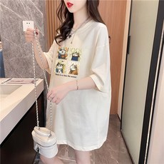 빛나는 판다 임산부 여름옷 루즈핏 샤오마 프린트 반팔 티셔츠 여 원피스 임산부 상의 빅사이즈