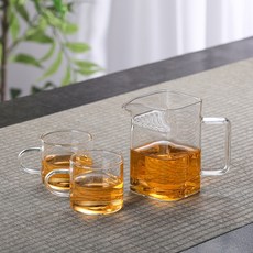 月牙公道杯 泡茶器 家用 茶水分離 茶海 玻璃材質, 1個, 加厚方形月牙公道杯260ML+2只透小杯