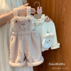 桃園出貨 女童秋冬套裝2025新款女寶寶洋氣網紅加絨打底衫毛毛背帶褲兩件套