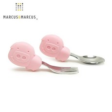 《MARCUS&MARCUS》動物樂園寶寶手握訓練叉匙組，安全材質，人體工學設計，學習餐具, 1個, 粉紅豬 粉色