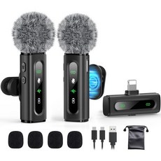 USB C 라발리에 마이크 무선 미니 마이크 타입-C 안드로이드 폰/태블릿/PC 영상 녹음 클립온 마이크 회전 가능한 클립 및 잡음 제거 녹음 브이로그 틱톡 유튜브 팟캐스트, Black Mic for Lightning (2T1R)