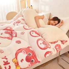 겨울 도톰 기모 이불 양털 겨울이불, 핑크곰