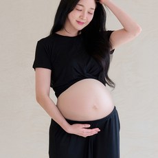 임산부 크롭티 만삭 주수 셀프 사진 촬영 임신 임부복 티셔츠