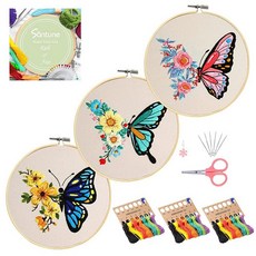 Santune 성인용 자수 키트 3팩 십자수 키트 새 패턴 3가지 설명서(한글이 아닐 수 있음) 후프 1개 실 및 바늘 6개 여성용 핸드 니들 포인트 세트, 버터플라이 시리즈