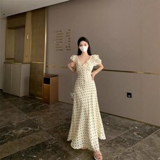 Yellwel 리본 퍼프 슬리브 도트 원피스 여성 여름 롱드레스 DJP