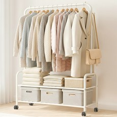 FODOSS 2단 업그레이드 대용량 튼튼한 이동식 가정용 행거 바퀴 달린 이동식행거, 크림색