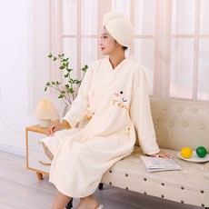 女士珊瑚絨加厚浴袍, 長袖綁帶浴袍-奶油白,長袖綁帶浴袍90*140cm