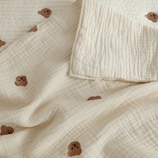 六層純棉紗布嬰兒蓋毯 新生兒寶寶棉紗布毯 熊熊刺繡圖案 135x85公分, 現貨//六層純棉紗布蓋毯,135*85