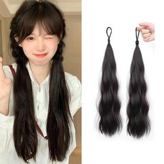 웨이브 긴 머리 부분 가발 머리끈 자연스러운 포니테일 헤어피스, 블랙, 1개