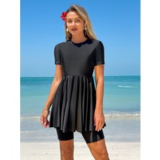 歐美 泳衣 女 短袖收腰百褶連衣平角褲 防曬泳裝