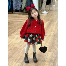 【熱銷Top1-限時下殺】韓國童裝2025秋冬新款紅色針織開衫女童毛衣外套紅綠格羊羔絨半裙節日 兒童秋冬款 節日活動
