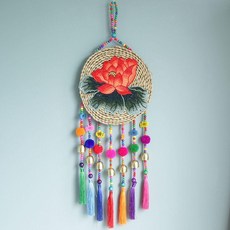 純手工草編刺繡荷花掛件 古風中式配飾 陽臺客廳裝飾, 紅荷花掛飾,高72cm寬25cm, N/A