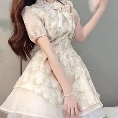 투니스 여성 프린팅 메쉬 숏 반소매 원피스