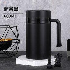 316不鏽鋼保溫杯 商務辦公泡茶杯 帶手柄設計 便攜水杯 防漏密封 多功能茶水杯+黑色+600ml, 1個, 1L, 黑色:600ml