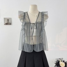 프릴 메쉬 조끼 여성 여름 브이넥 레이스업 시스루 레이어드 베스트