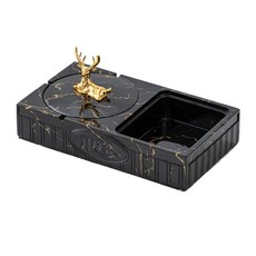 大理石紋金色小鹿造型雙格帶蓋煙灰缸，時尚防風煙灰缸，居家辦公室裝飾, 一鹿連升-黑金款, 1個