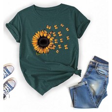 보헤미안 해바라기 나비 티셔츠 귀여운 야생화 반팔 티셔츠 (US 알파 XX-라지 레귤러 레귤러 컬러 B), 색상 A