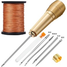 復古皮革縫紉套盒手工diy多功能鞋修理工具包打孔縫合針縫紉皮革, 白線350米,把手+4枚鋼針各1根+粗線+頂戒+針筒, 1個