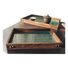 長方形實木製茶盤 附海棠花紋玻璃 功夫茶具收納託盤, 13*13*3.5, 1個
