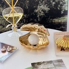 이이공브이샵 에리얼 머메이드 샤이닝 조개 LED진주 무드등 악세사리 트레이, 골드