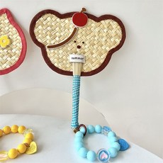 夏日可愛小熊蒲扇 小貓豬動物手工編織麥稈多巴胺撞色格子少女心扇, 小熊蒲扇（含鏈條環扣）, 1個