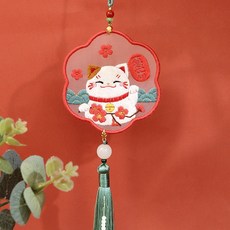 嘉義出貨 龍年新款 秋意濃刺繡系列 卡通雙面刺繡吊飾刺繡手工diy材料包平安符 車掛飾自繡香包香囊雙面繡交換禮物保佑平安, 喜樂貓（送平安玉扣+繡繃）, 1個