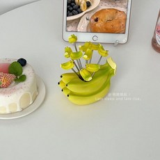 卡通香蕉造型水果叉，附底座，家用兒童點心零食叉, 香蕉水果籤10支帶底座,無規格, 1個